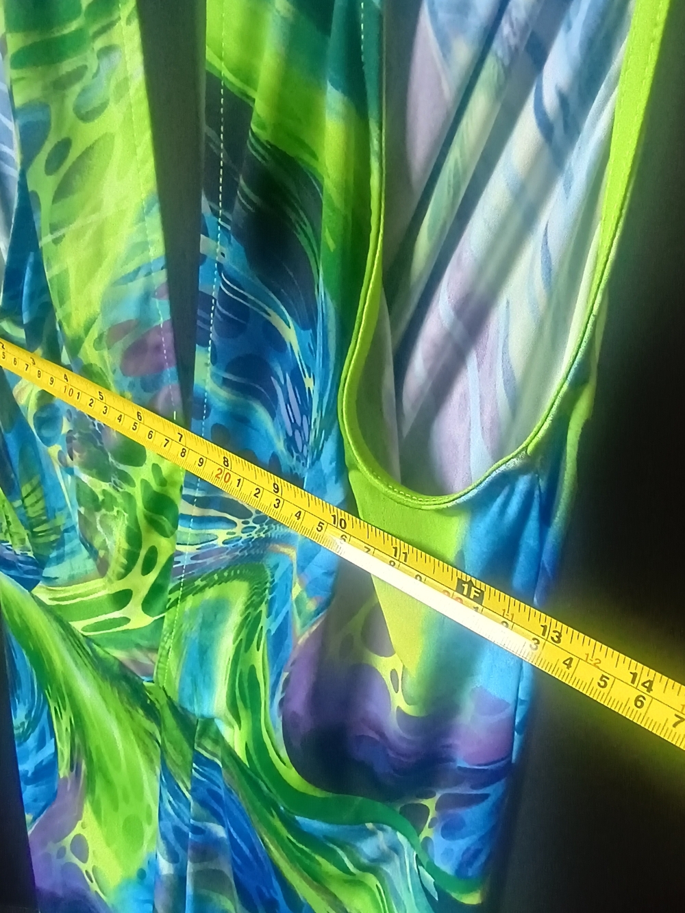 Fashion Nova Abstract Print Wide Leg Jumpsuit Women's Large Neon Blue Green Open - Picture 8 of 10